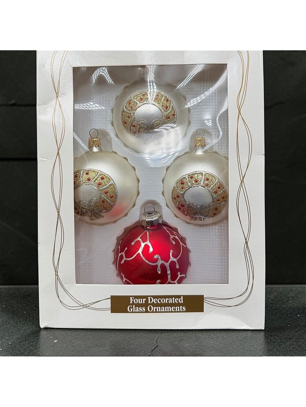 Set of Four Vintage Glass Christmas Ornaments with Wreath and Red Designs